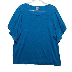 Chico’s XL Linen Flutter Sleeve Top Tranquil Turquoise 100% Linen NWT Coastal